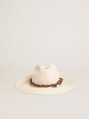 Parchment-colored fedora hat with leather band