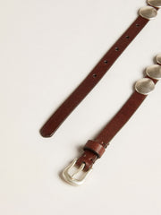Trinidad thin belt in dark brown leather with silver studs
