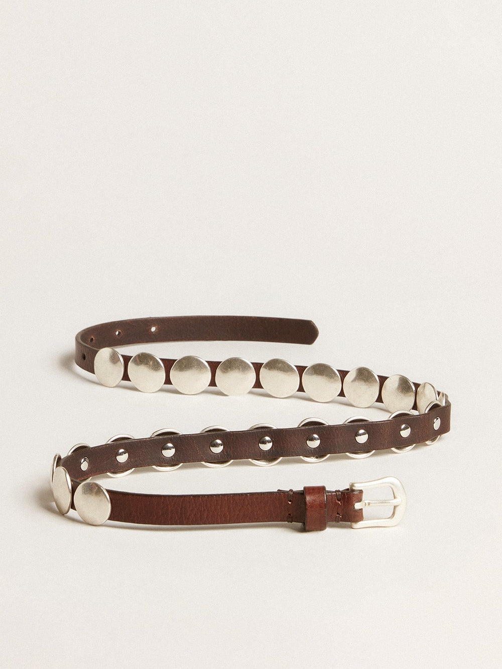 Trinidad thin belt in dark brown leather with silver studs