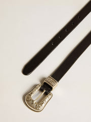 Black belt in washed leather with silver color buckle