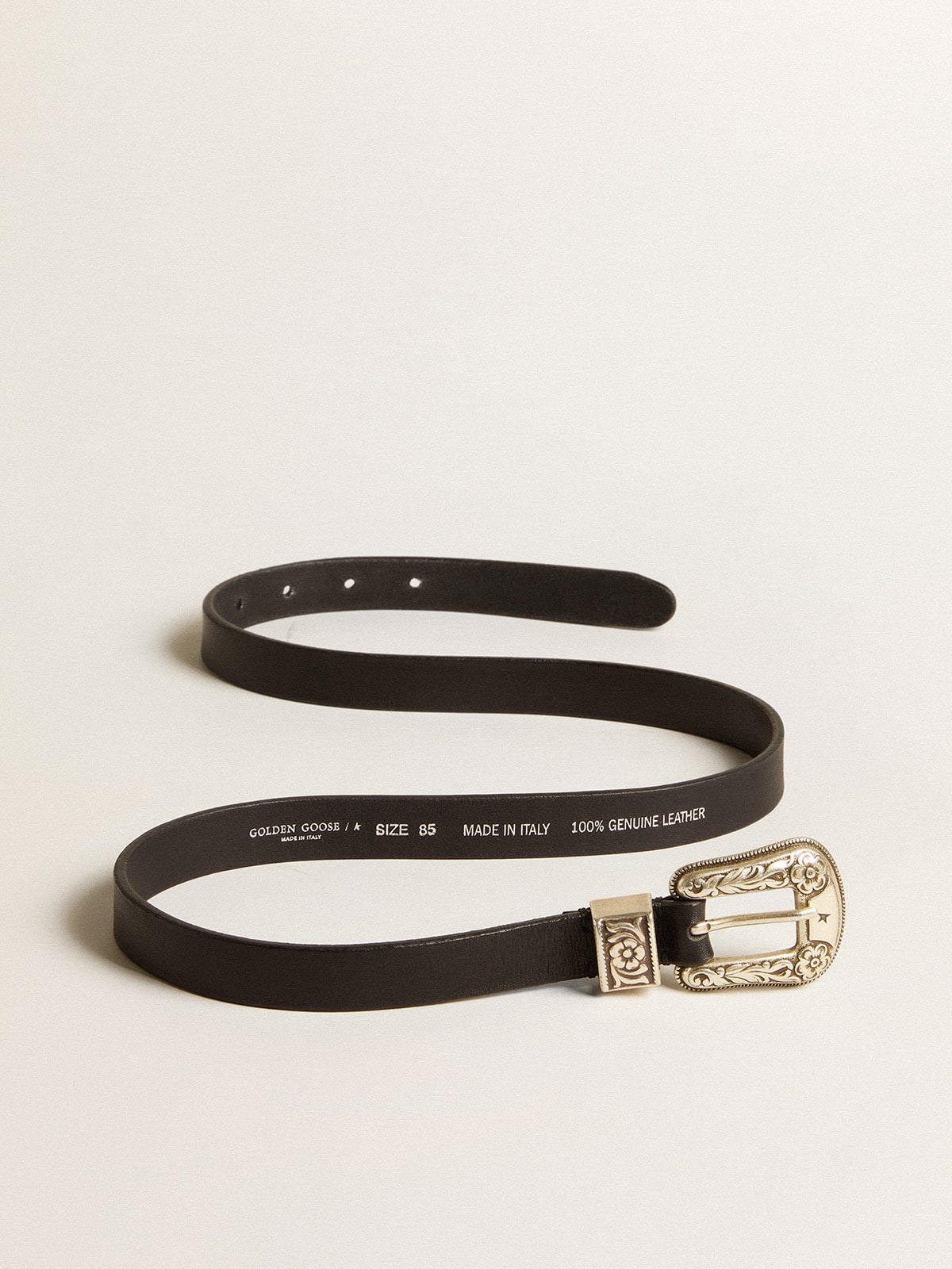 Black belt in washed leather with silver color buckle