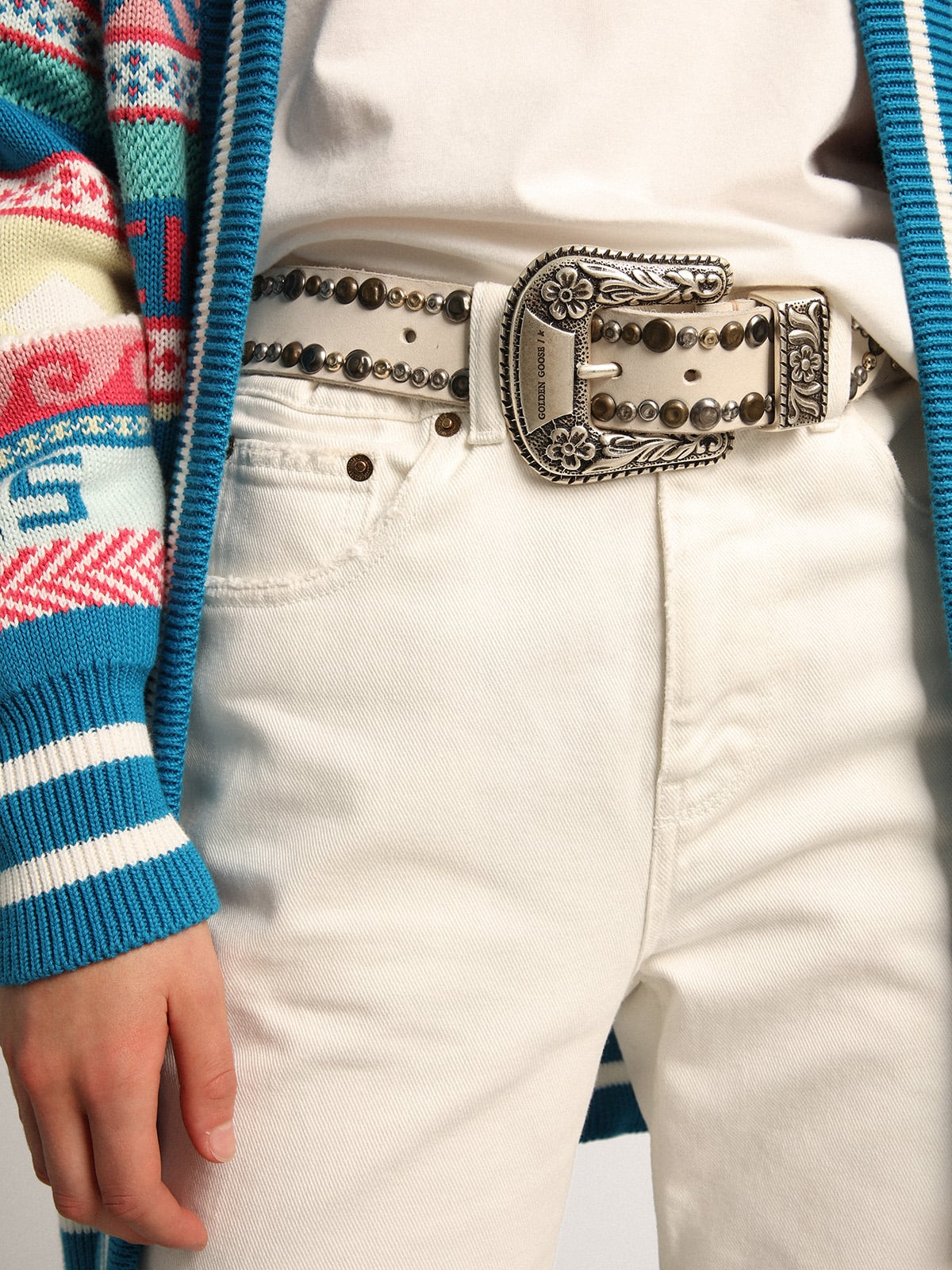 Women's belt in white leather with colored studs