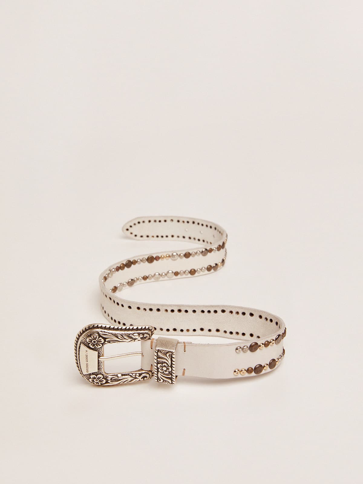 Women's belt in white leather with colored studs