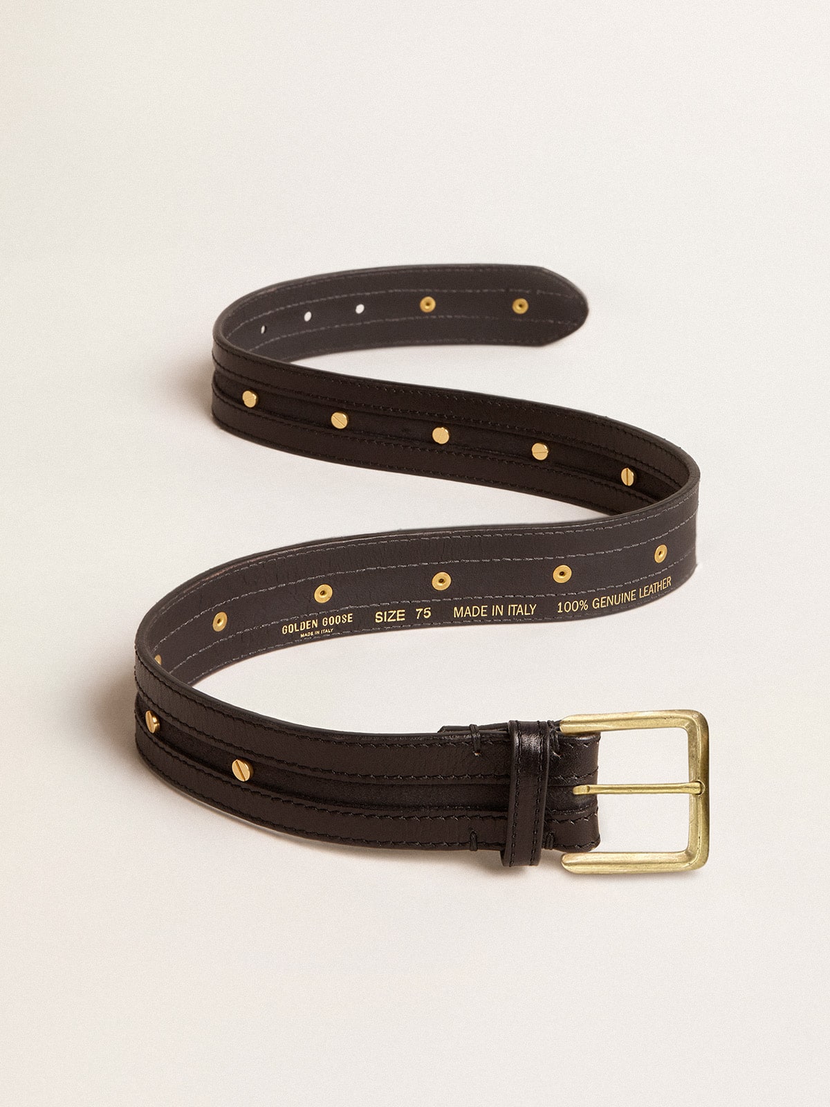 Women’s black belt in washed leather with gold studs