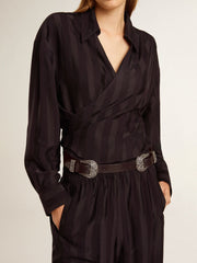 Black belt in washed leather with silver-colored double buckle