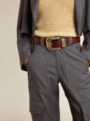 Women’s belt in burgundy leather with decorated silver buckle