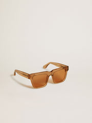 Jamie style square sunglasses with honey-colored frame and lenses