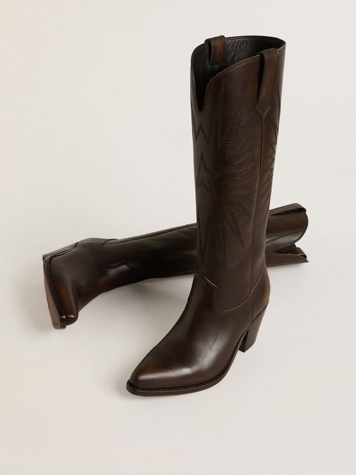 Wish Star boots in dark brown leather with tone-on-tone embroidered star