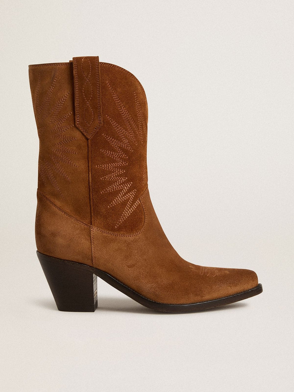 Low Wish Star boots in cognac suede with tone-on-tone embroidered star