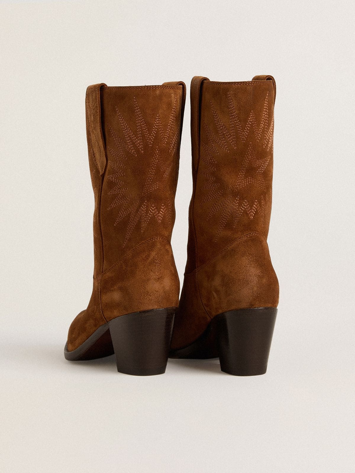 Low Wish Star boots in cognac suede with tone-on-tone embroidered star