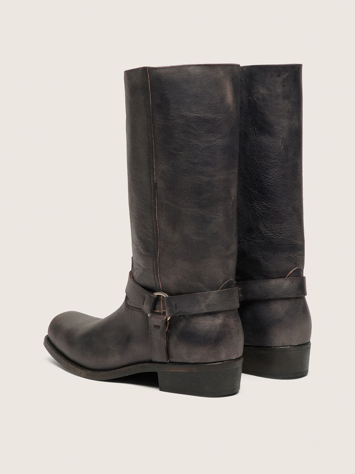 Women's high Biker boots in black leather with strap and silver-colored buckle