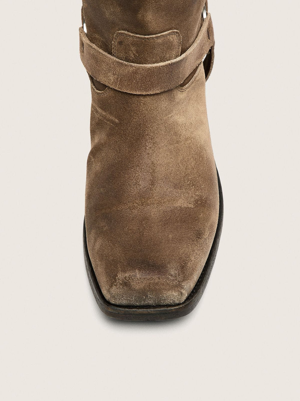 Women's high Biker boots in dark beige waxed suede with strap and a silver-colored buckle