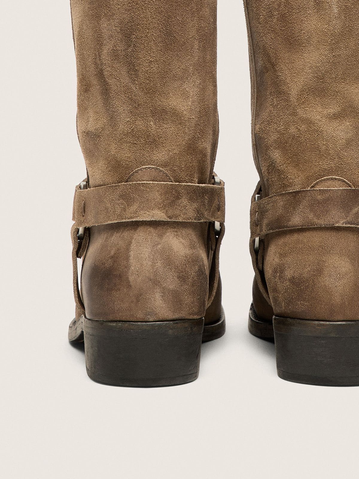 Women's high Biker boots in dark beige waxed suede with strap and a silver-colored buckle