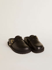 Women's Lucy Sabot in glossy black leather with gold metal buckle