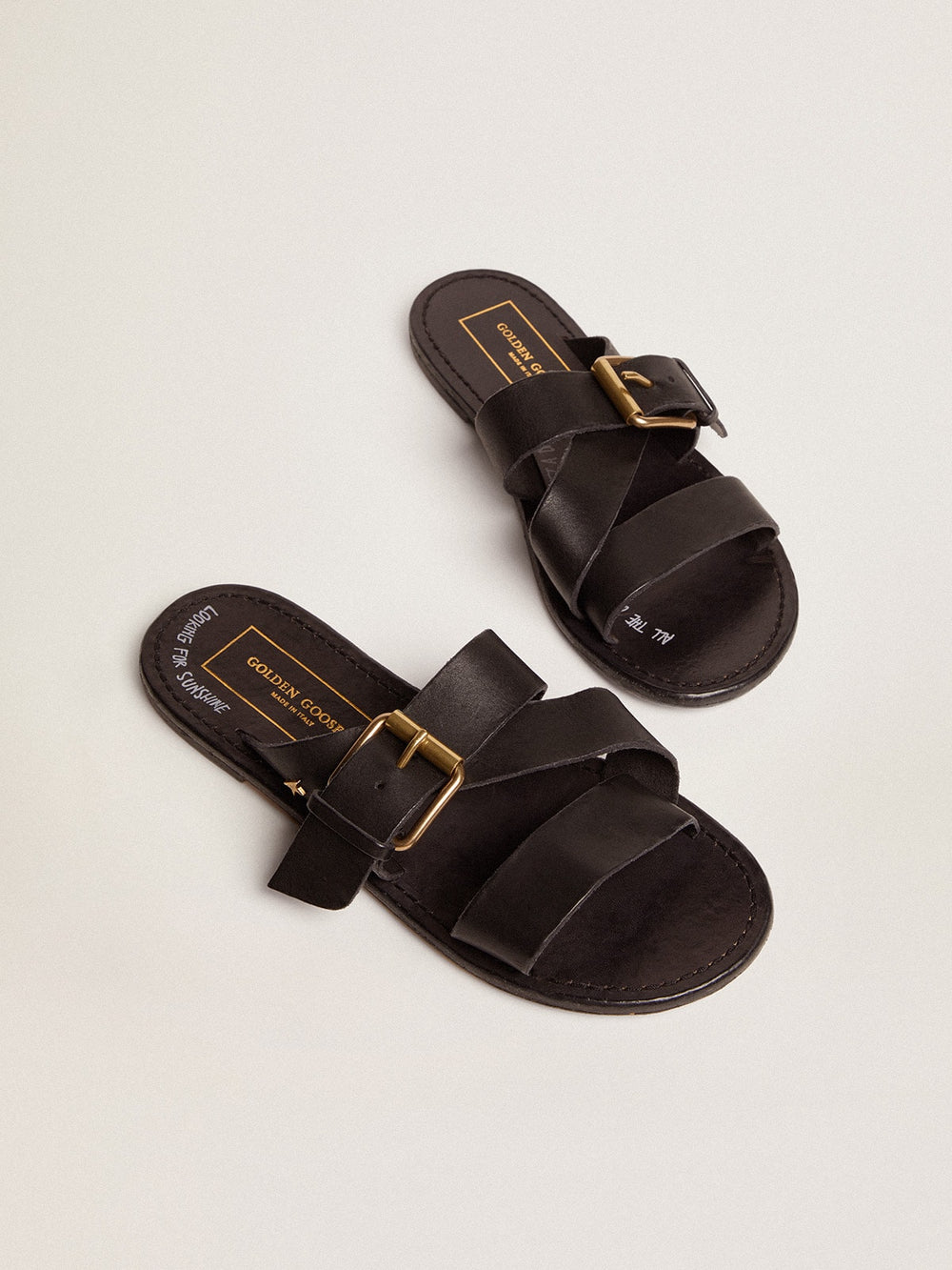 Black leather flat sandals with buckle Margaret Golden Goose