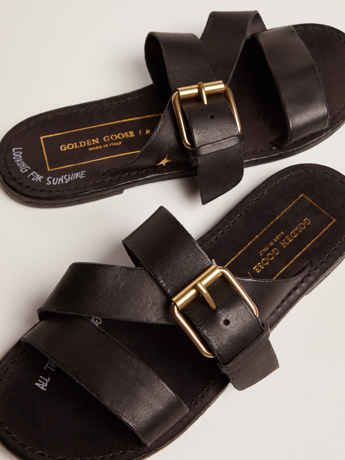 Black leather flat sandals with buckle Margaret Golden Goose