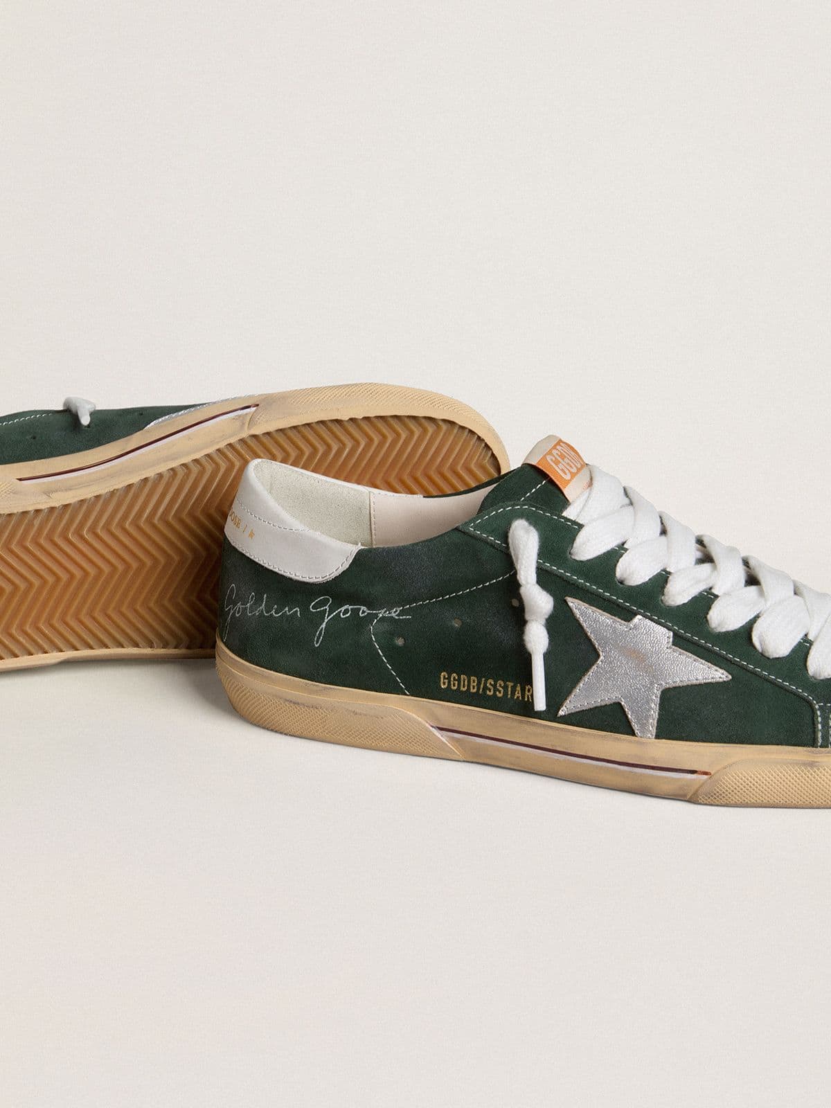 Men's Super-Star in green suede with silver metallic leather star and leather heel tab
