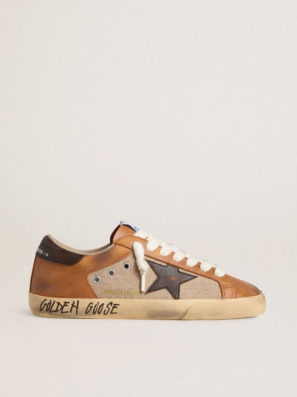 Men's Super-Star LTD in beige wool with brown leather star and camel inserts