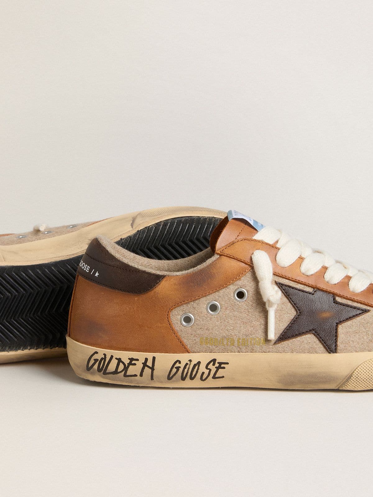 Men's Super-Star LTD in beige wool with brown leather star and camel inserts