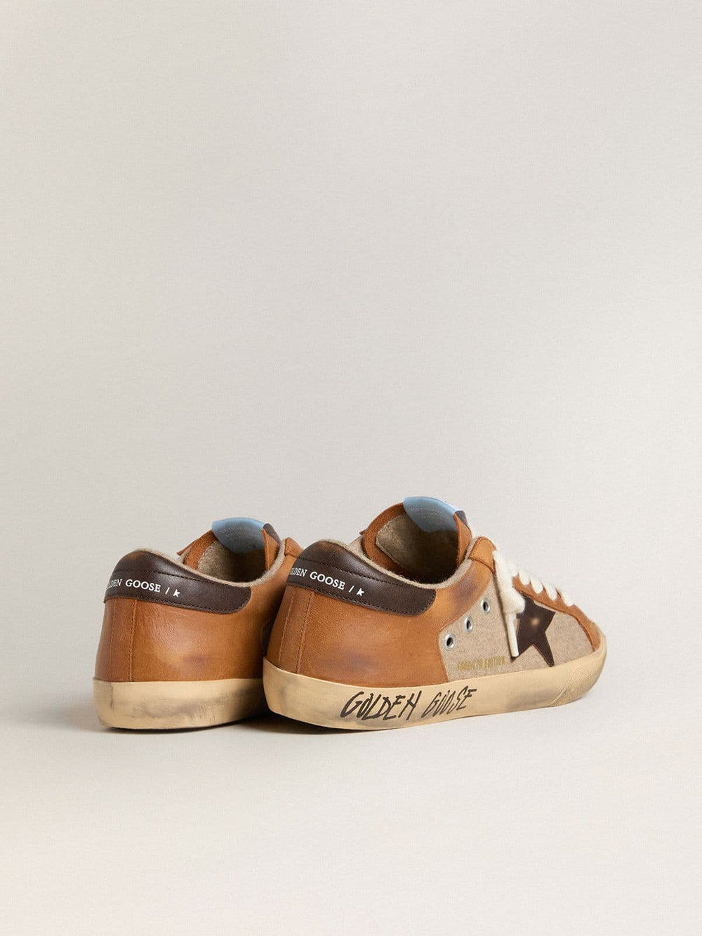 Men's Super-Star LTD in beige wool with brown leather star and camel inserts
