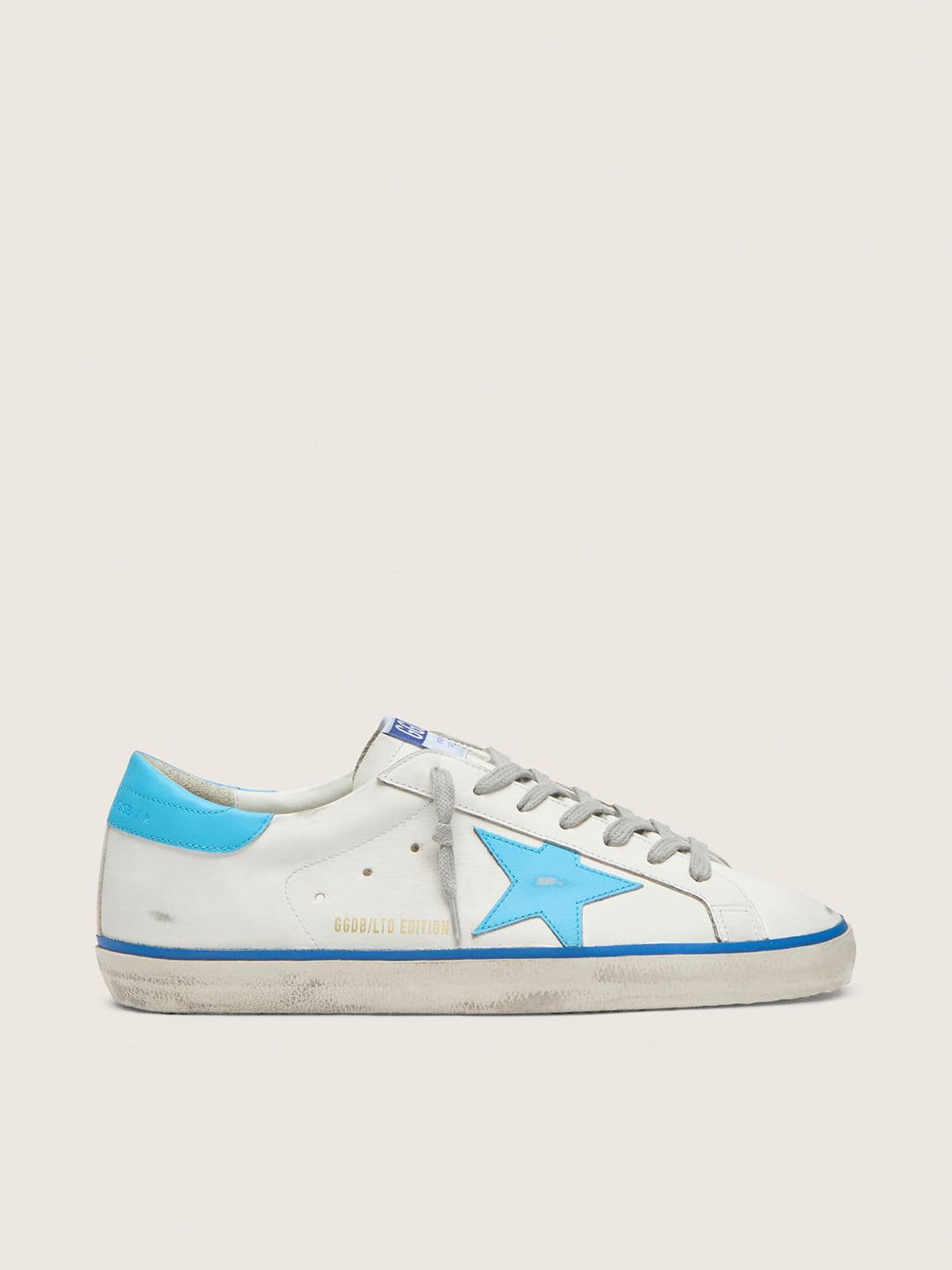 Men's Super-Star LTD in white leather with light blue leather star and heel tab
