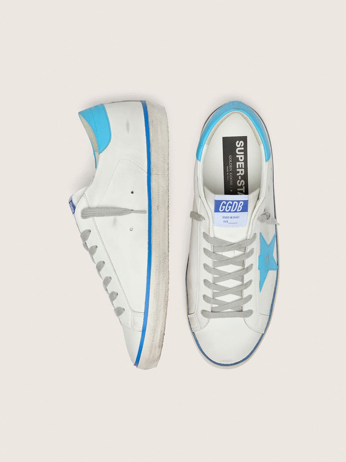 Men's Super-Star LTD in white leather with light blue leather star and heel tab