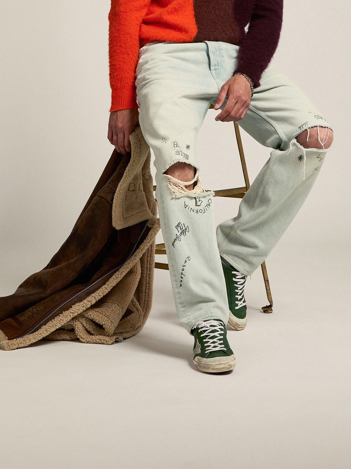 Men's Super-Star in green leather and multifoxing