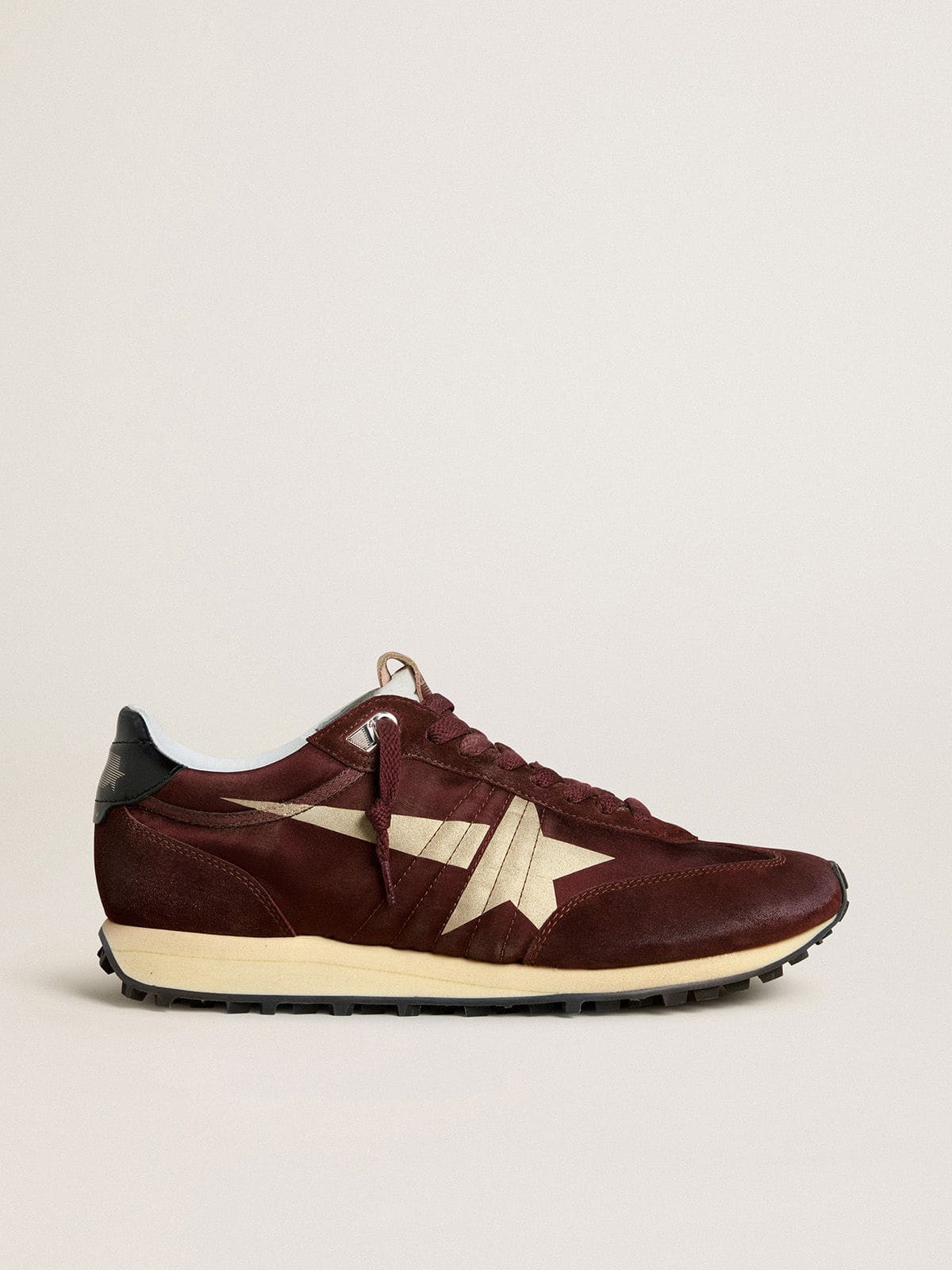 Men's Marathon with burgundy satin upper and platinum leather star