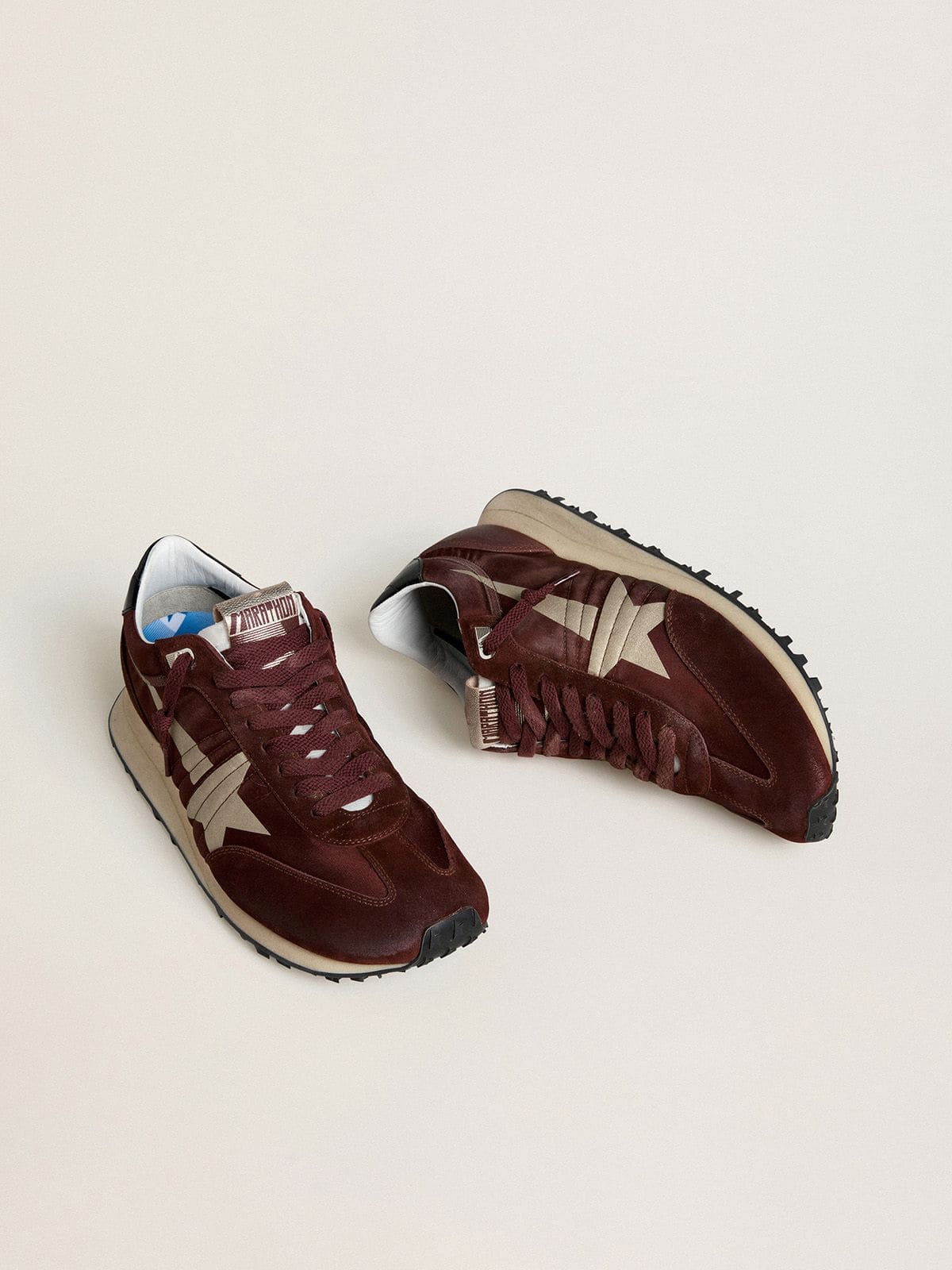 Men's Marathon with burgundy satin upper and platinum leather star