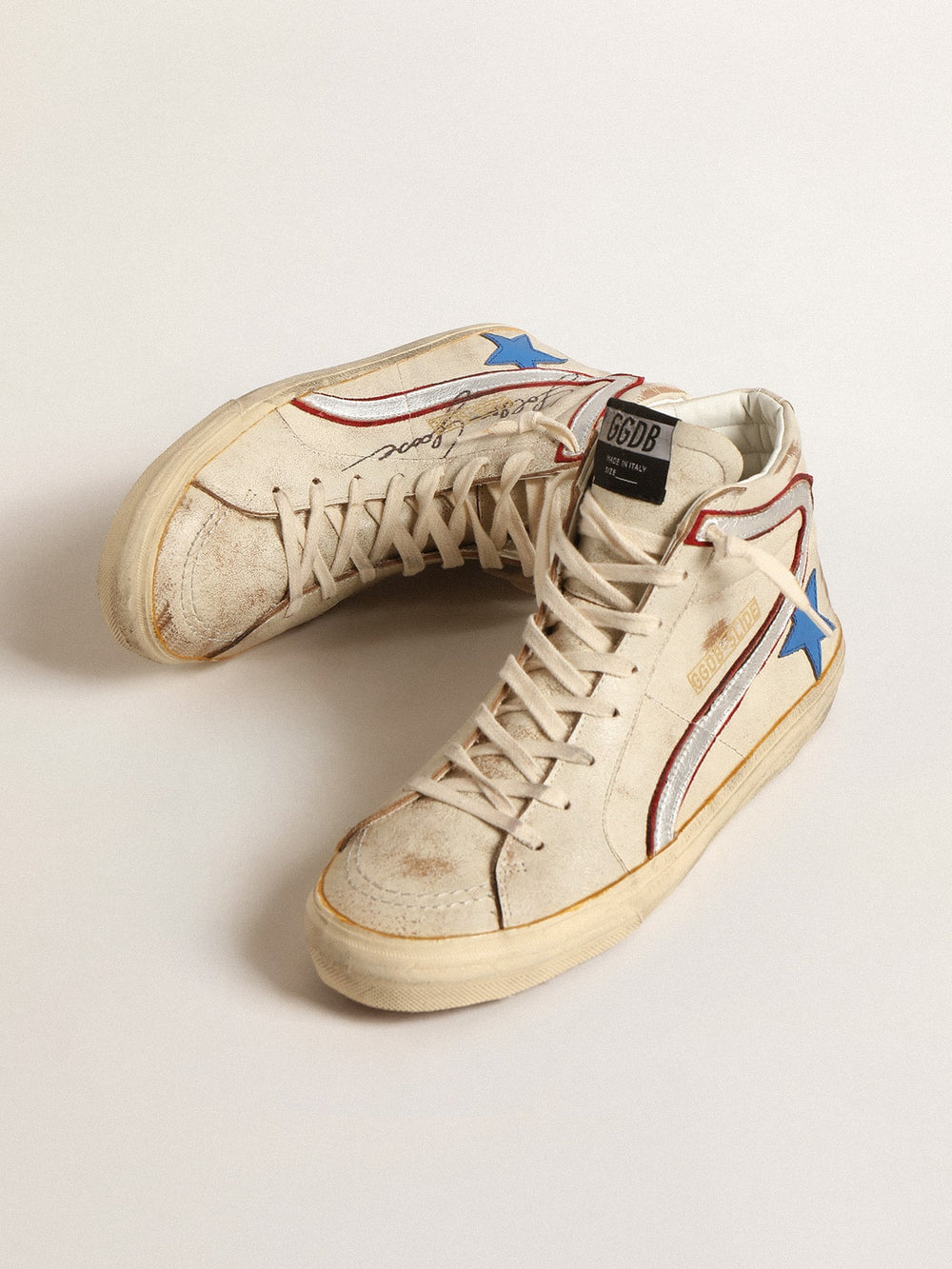 Men’s Slide with light blue leather star and metallic silver leather flash