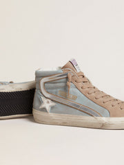 Men's Slide in light blue canvas with silver metallic leather flash