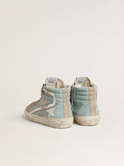 Men's Slide in light blue canvas with silver metallic leather flash
