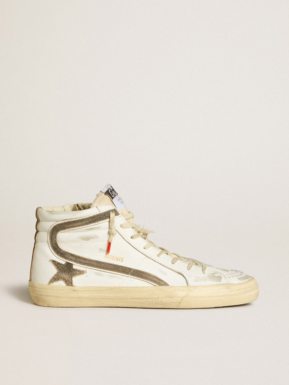 Men’s Slide LAB in white leather with star and flash in brown suede