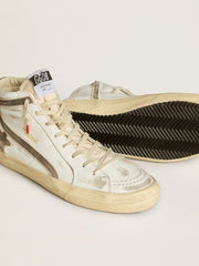 Men’s Slide LAB in white leather with star and flash in brown suede