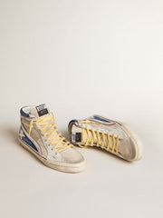 Slide in pearl canvas and blue suede with white leather star and flash