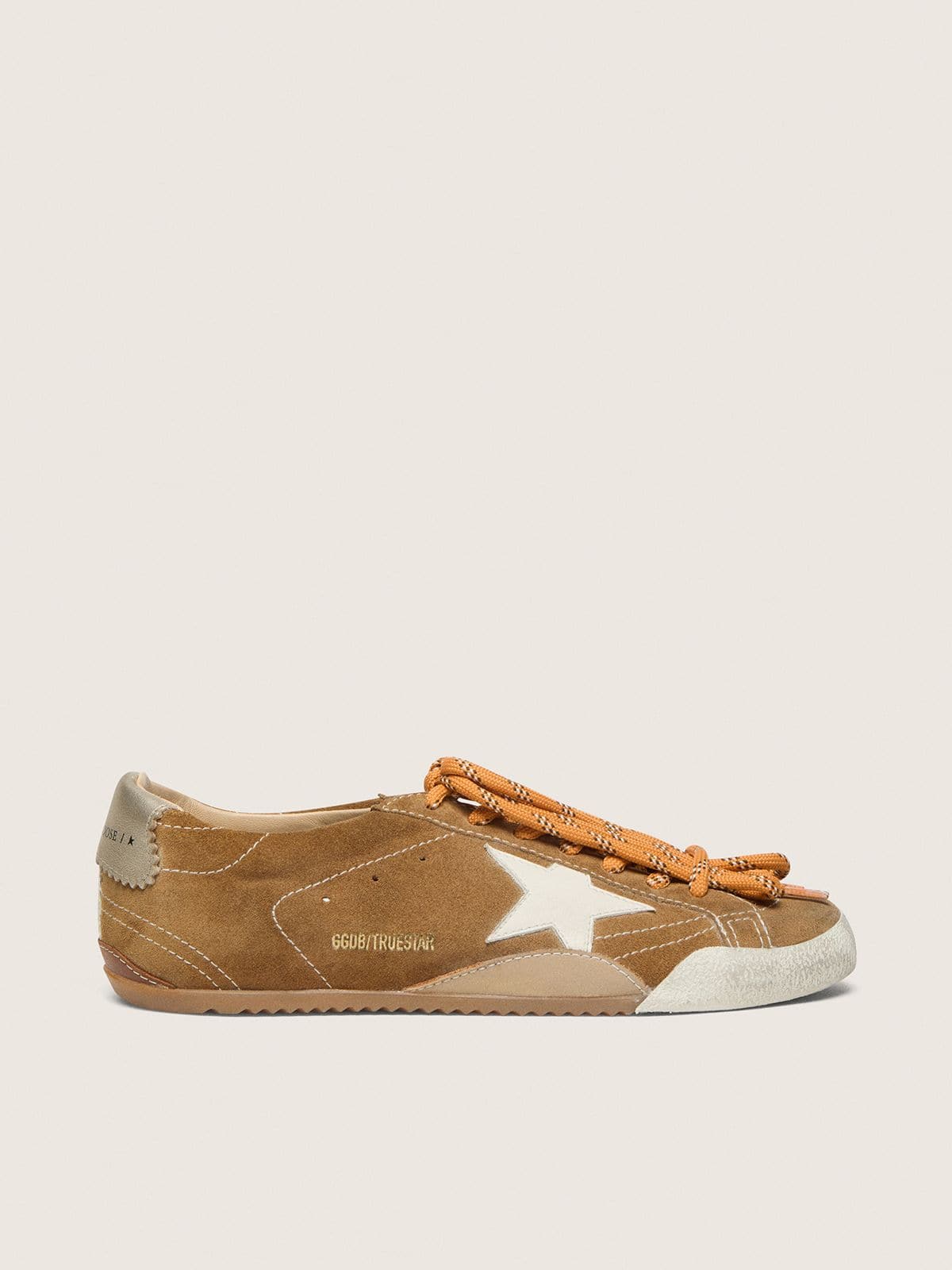 Men's True-Star in tobacco-colored suede with white star and platinum heel tab