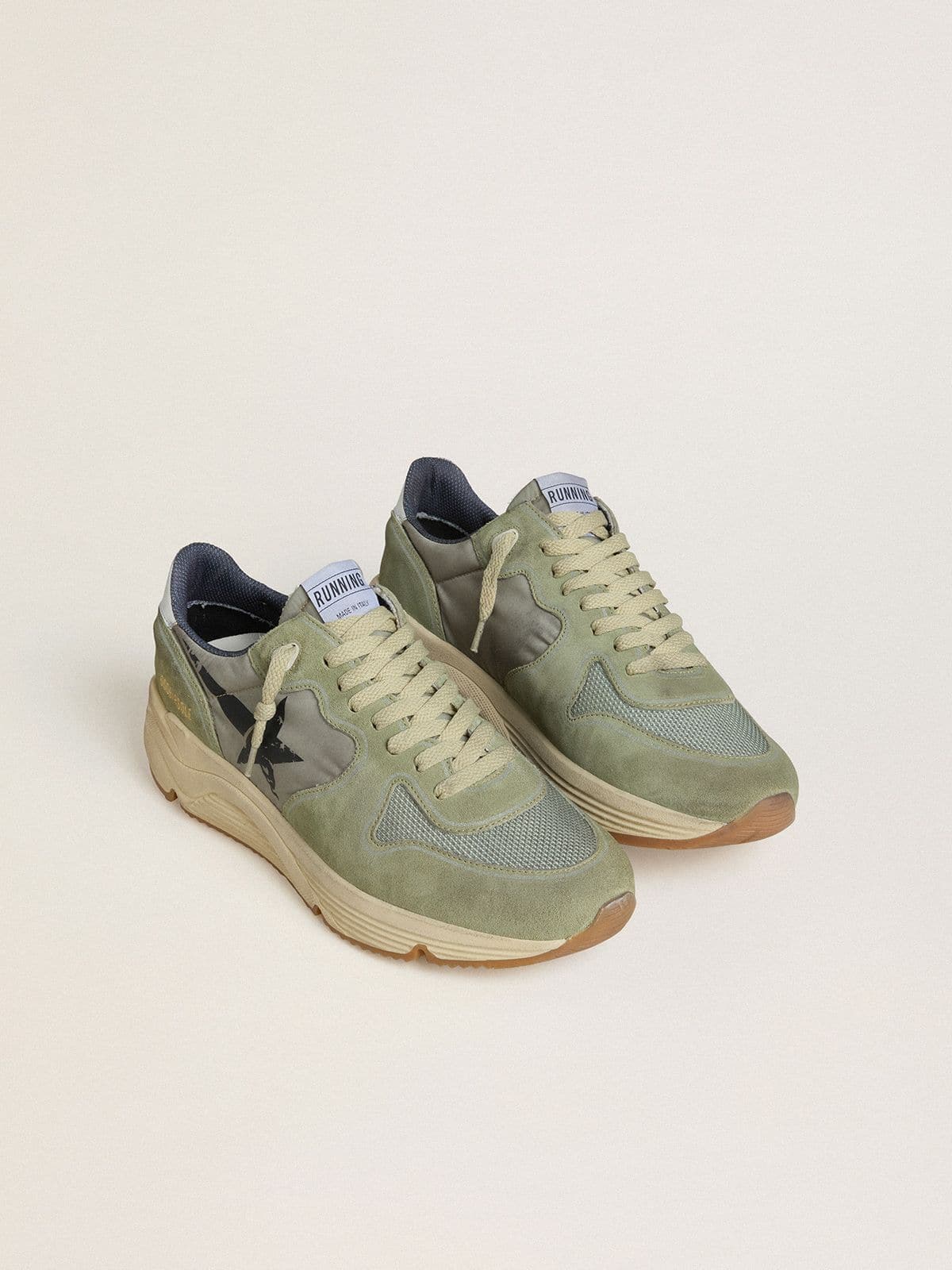 Men's Running Sole in sage-green nylon and suede with printed black star