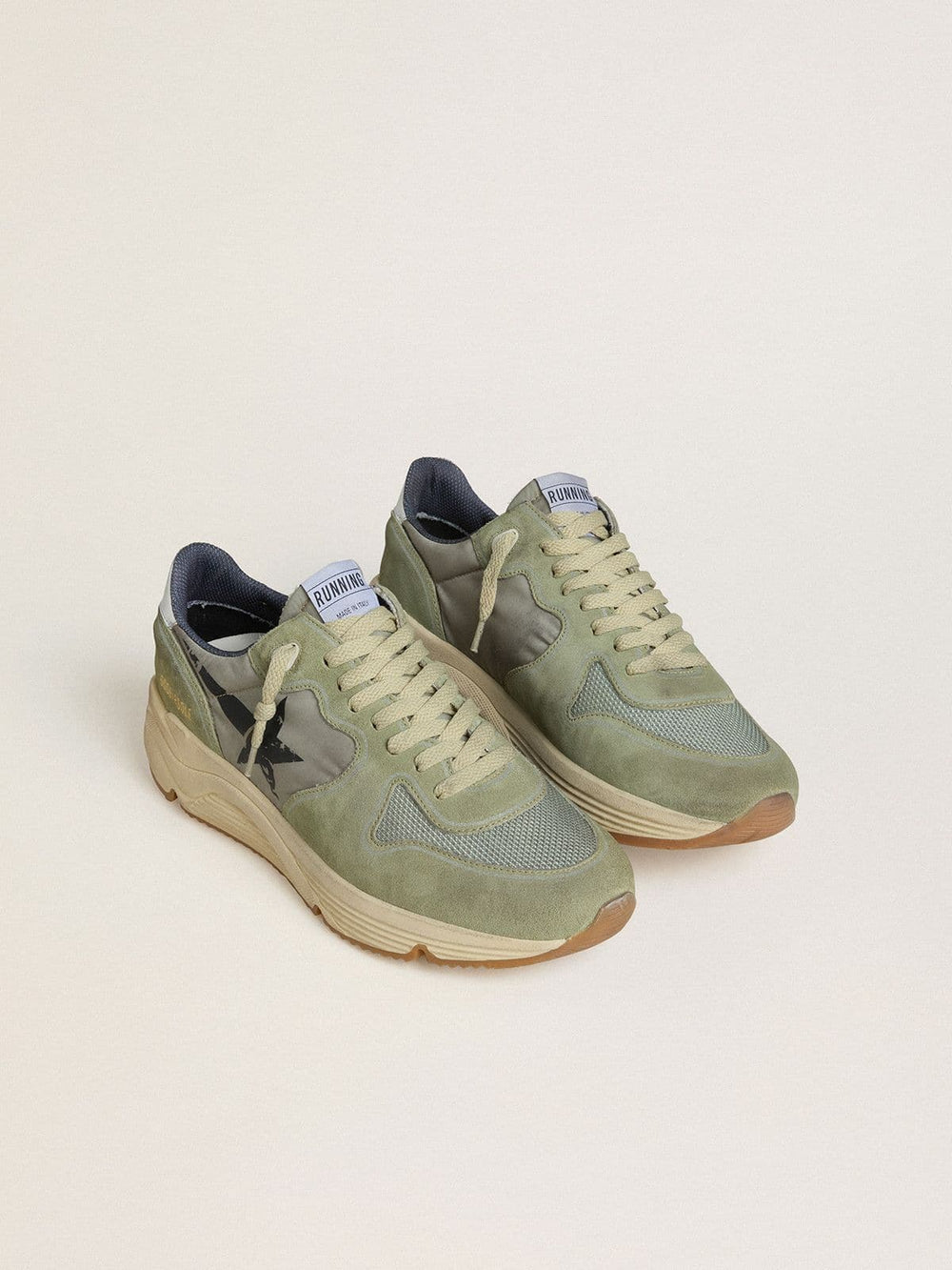 Men's Running Sole in sage-green nylon and suede with printed black star