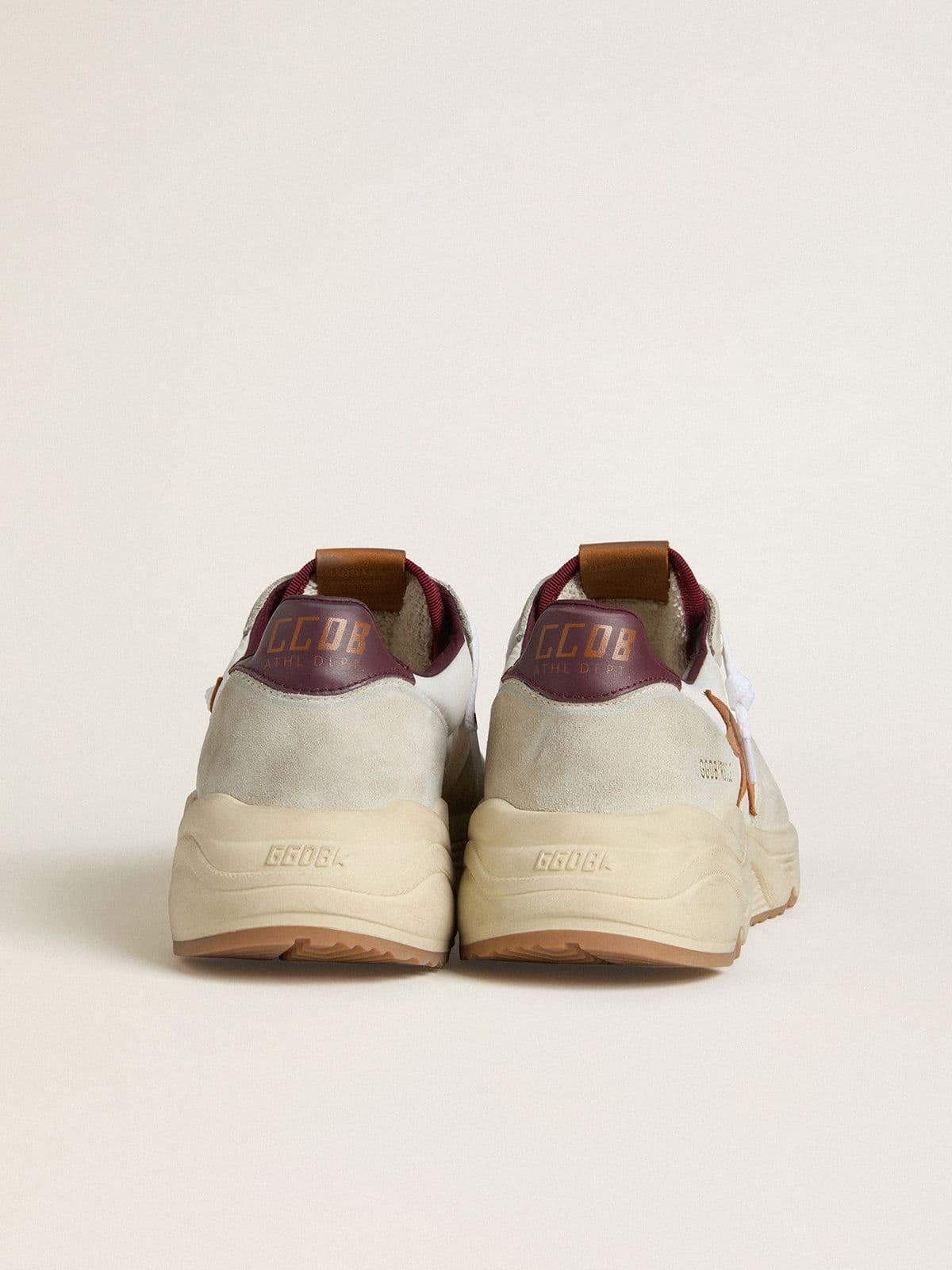 Men's Running Sole in nylon and suede with brown leather star and burgundy leather heel tab