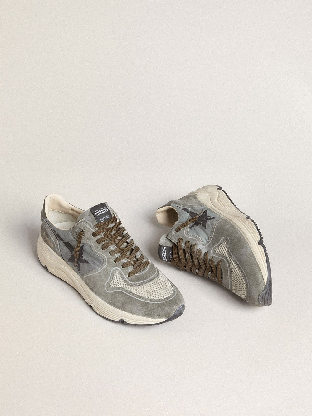 Men's Running Sole in light blue nylon with black star and green leather heel tab