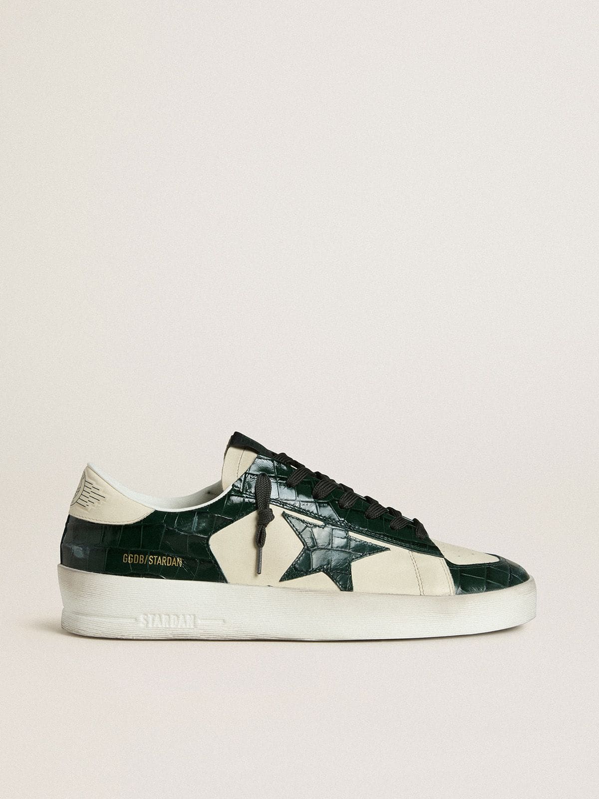 Men's Stardan LTD in cream leather with green crocodile-print leather star and inserts