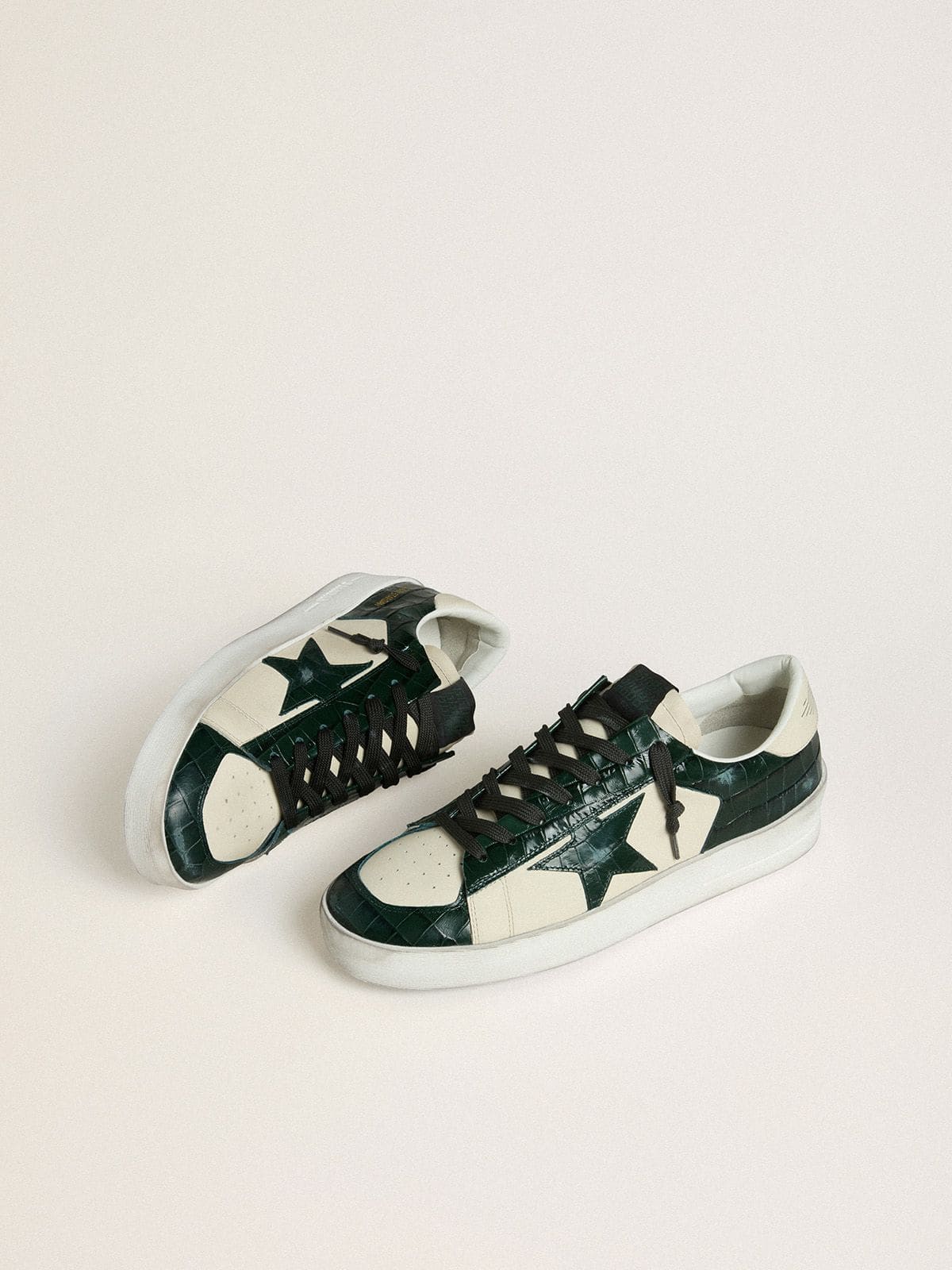 Men's Stardan LTD in cream leather with green crocodile-print leather star and inserts