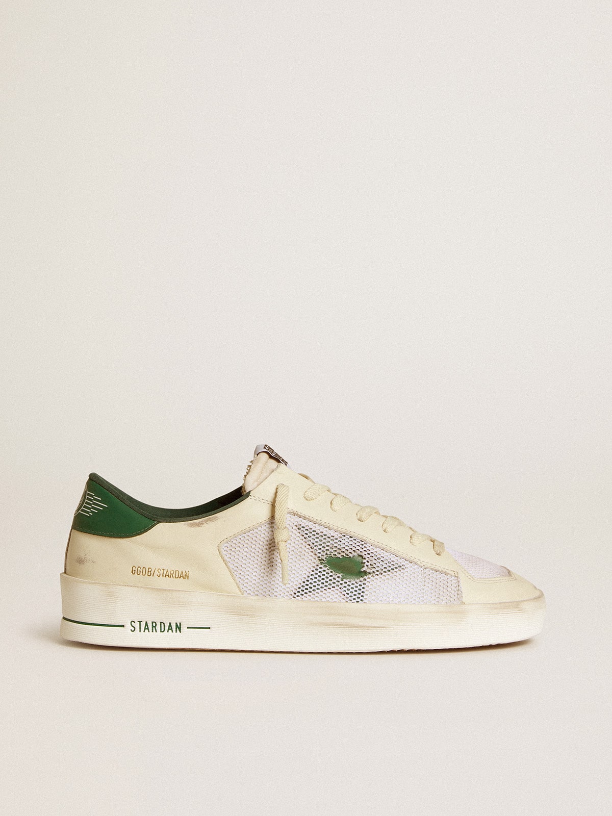 Stardan in white suede and mesh with green leather star and heel tab