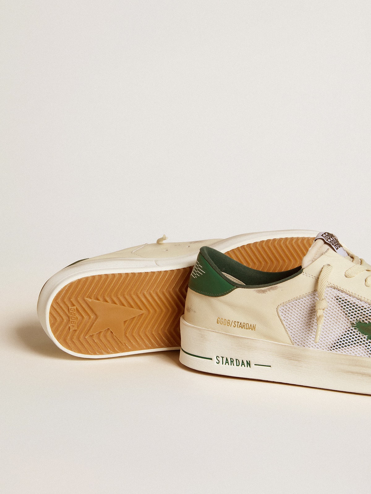 Stardan in white suede and mesh with green leather star and heel tab
