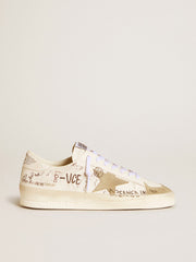 Stardan in leather with all-over lettering and ice-gray suede star