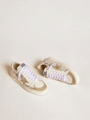 Stardan in leather with all-over lettering and ice-gray suede star