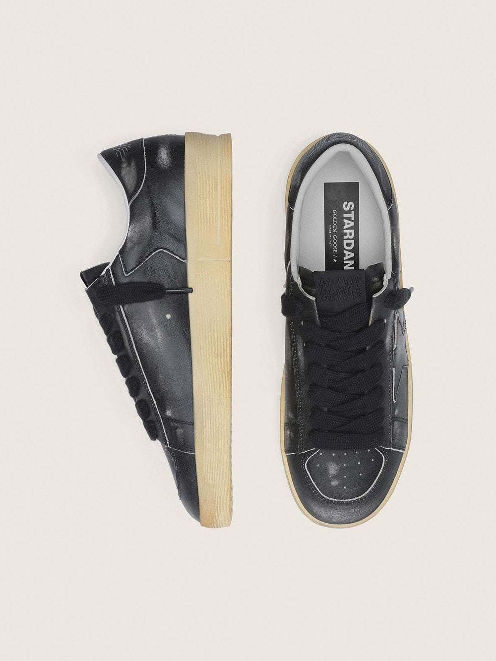 Men's Stardan in black leather with black leather star and heel tab