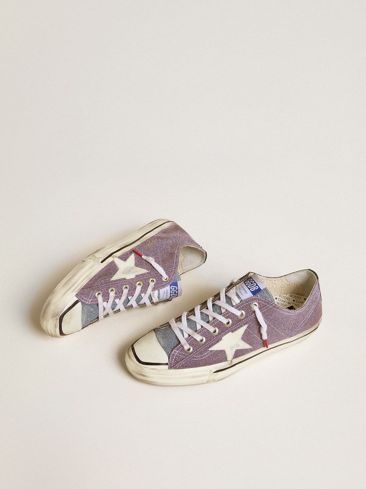 Men’s V-Star LAB in lilac leather and glitter with white star and silver glitter tongue