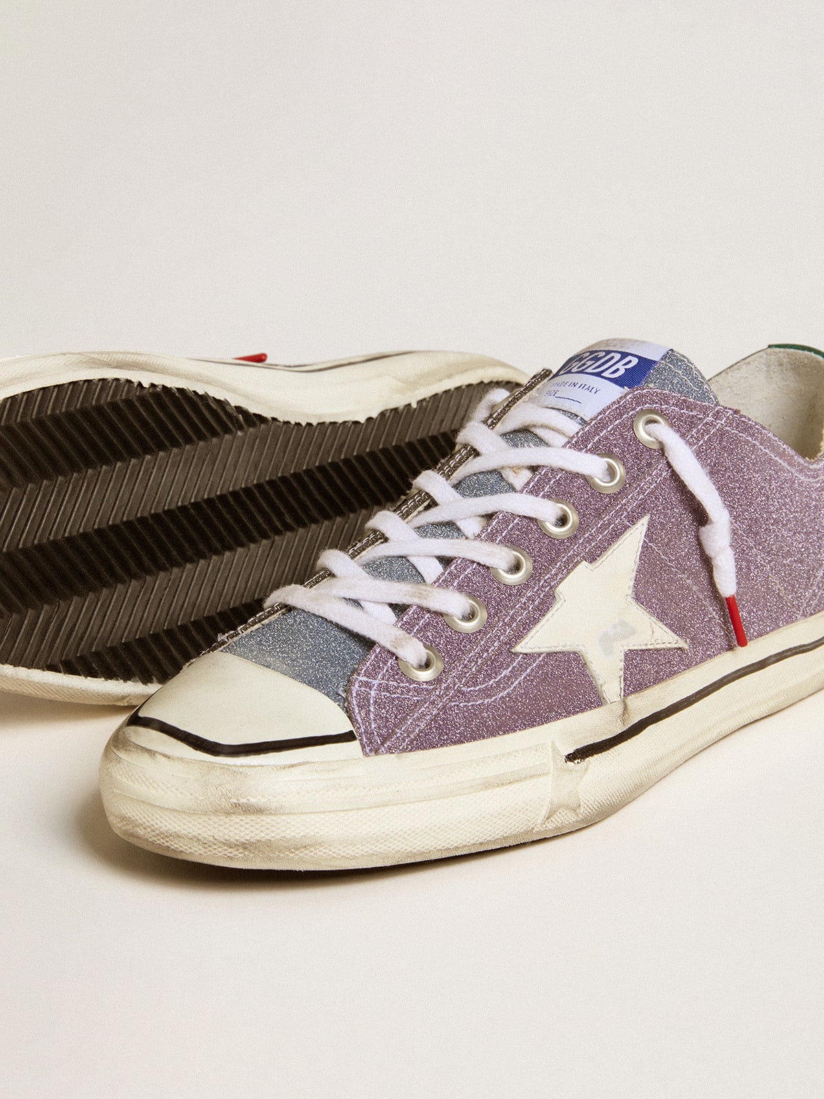 Men’s V-Star LAB in lilac leather and glitter with white star and silver glitter tongue