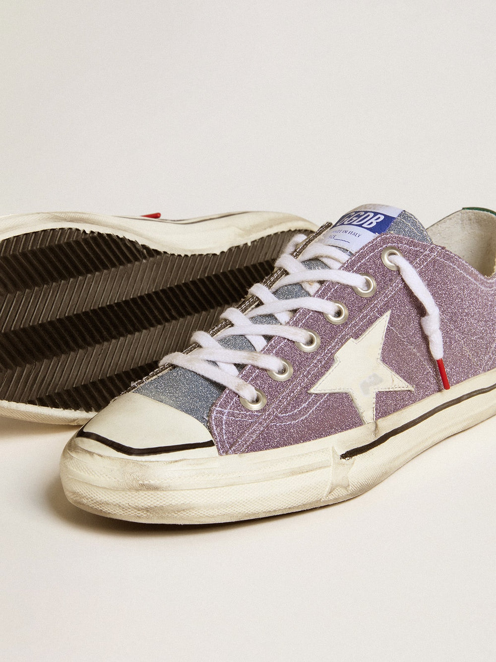 Men’s V-Star LAB in lilac leather and glitter with white star and silver glitter tongue